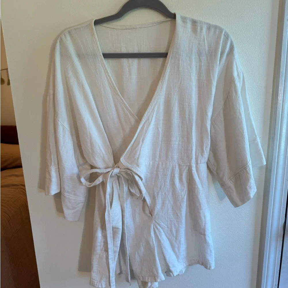 Women's Whife Wrap-Front Tie Linen Romper